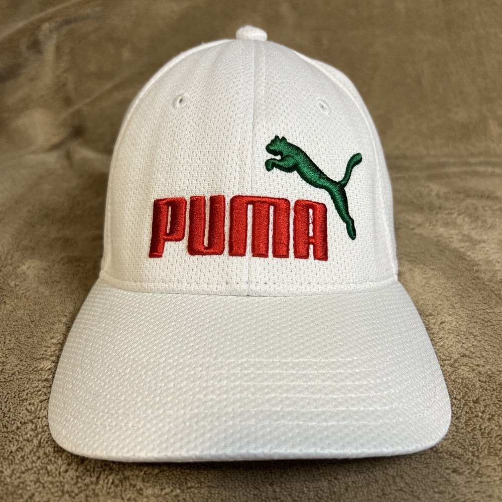 PUMA Men's Flex Fit Baseball Hat Cap Size L/XL White Red Green‎ Puma Logo
